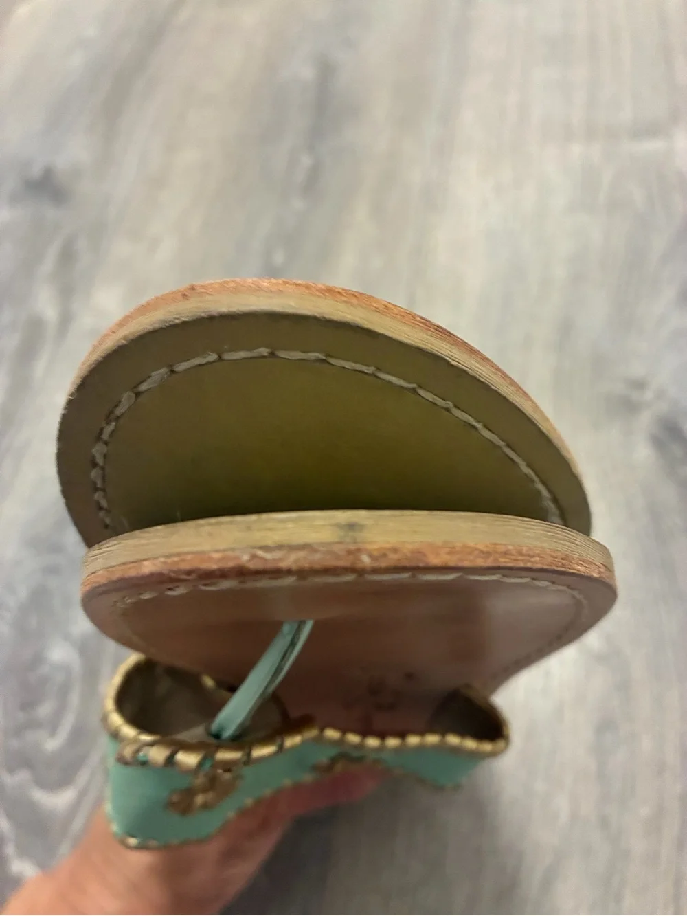 Jack Rogers Mint Green Leather Thong Sandals with Gold Accents- 10.5